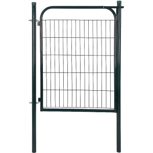 Cancello da giardino verde con riempimento in rete metallica per recinzione.