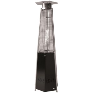 Stufa a gas da esterno nera a forma di piramide con dettagli in acciaio inox.