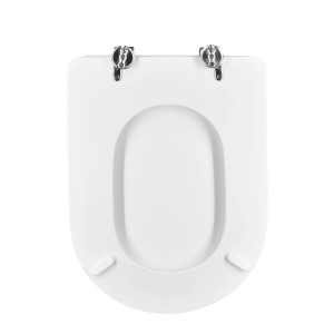 Sedile WC t.b.t. bianco con cerniere cromate, vista dall'alto.