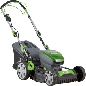 Set tosaerba a batteria LUX-TOOLS A-RM-46-24 con 2 batterie e cesto di raccolta. Ideale per la cura del giardino.