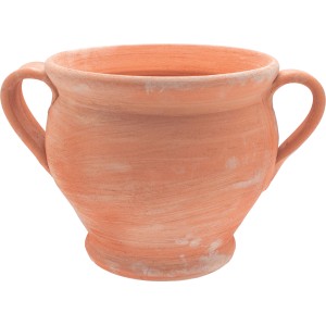 Vaso in terracotta con due manici, ideale per piante ed erbe aromatiche in giardino.