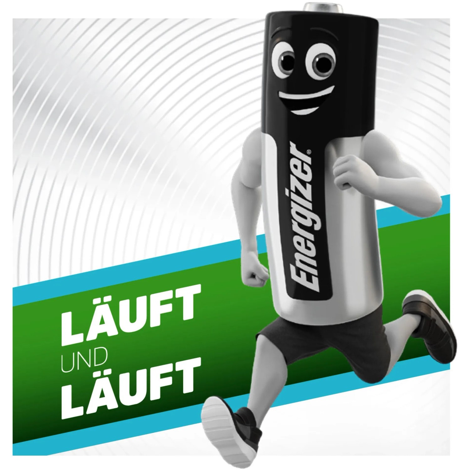 Batteria AAA Energizer come personaggio dei cartoni animati che corre. Micro batteria ricaricabile.
