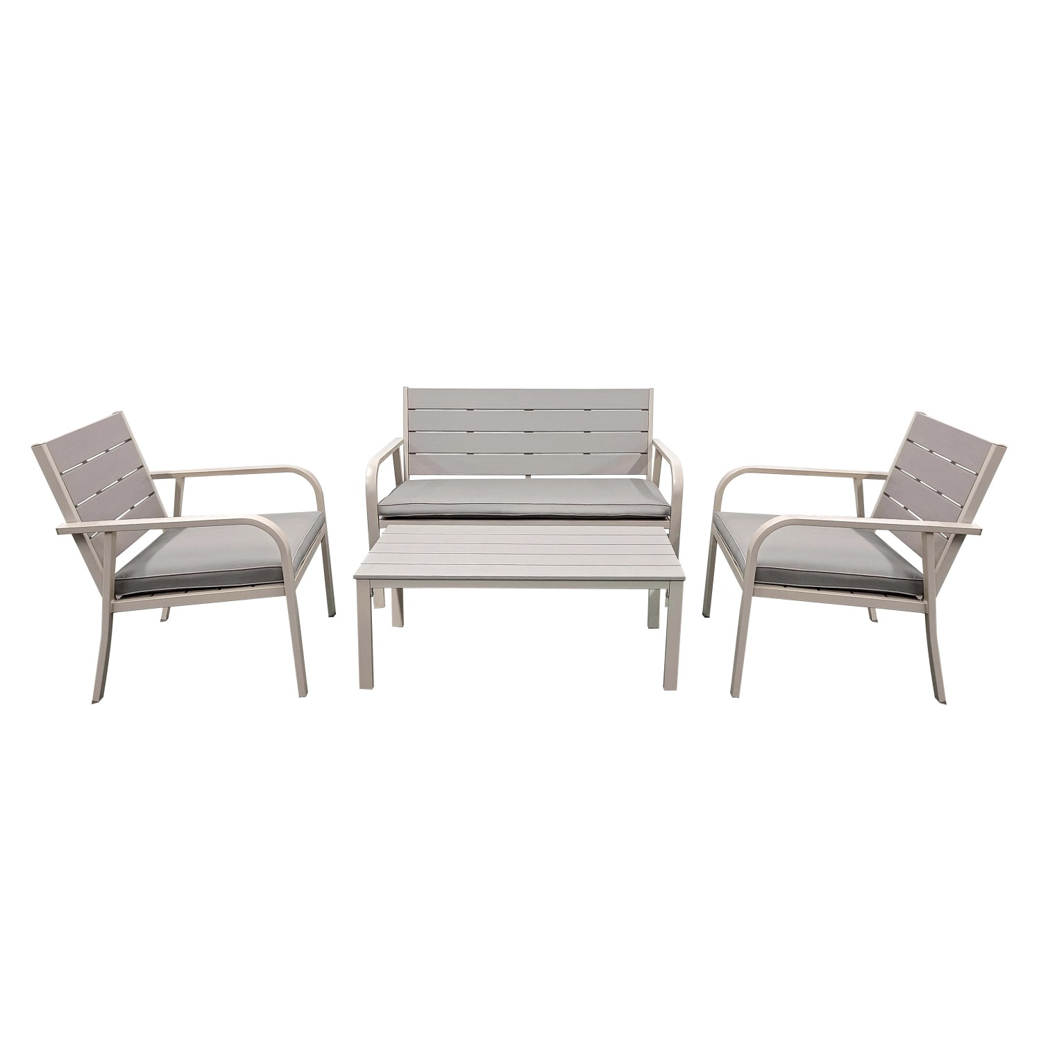 Set di mobili da giardino t.b.t. grigio con divanetto, due sedie e tavolo.
