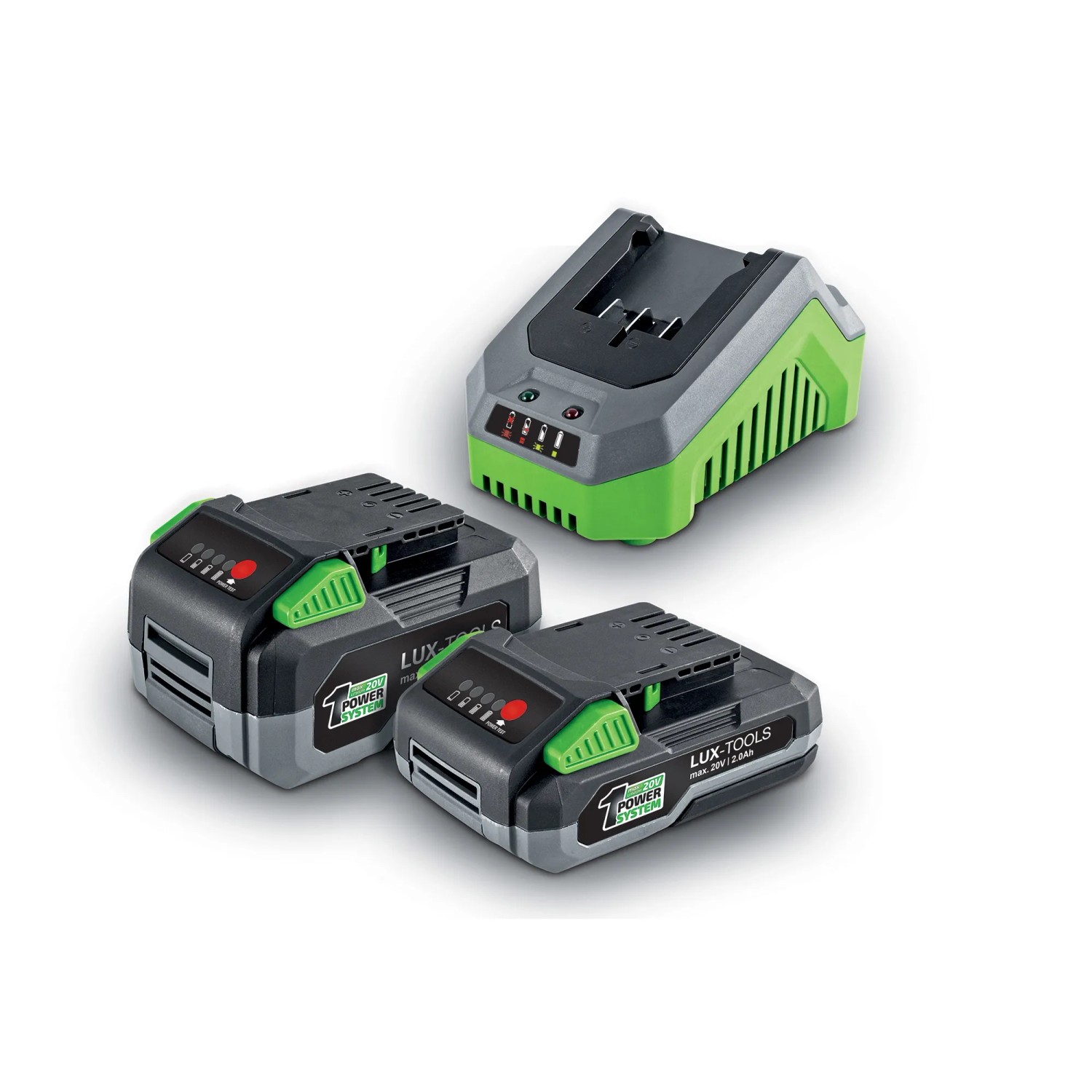 Batterie e caricabatterie per avvitatori a batteria LUX. Batterie in grigio/nero con accenti verdi.