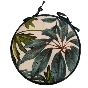 Cuscino da esterno rotondo con motivo a foglie tropicali.