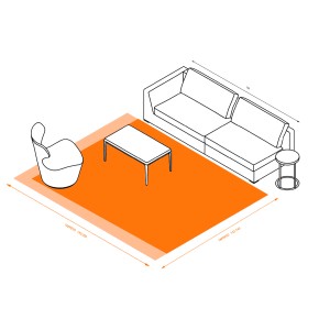 Illustrazione di una stuoia t.b.t. arancione sotto i mobili del soggiorno.