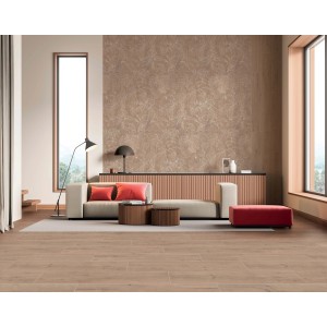Soggiorno con piastrelle da rivestimento t.b.t. marroni con motivo floreale. Piastrelle per pavimenti effetto legno.