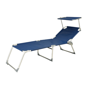 Lettino prendisole blu con tettuccio parasole. Ideale per giardino, balcone o campeggio.