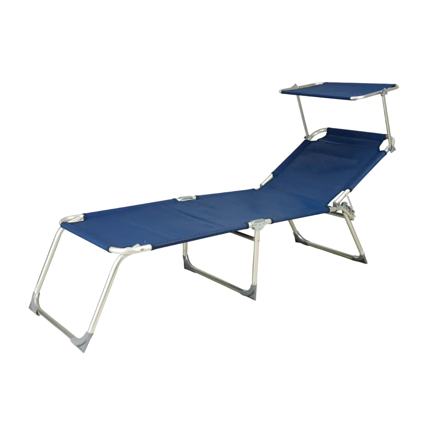 Lettino prendisole blu con tettuccio parasole. Ideale per giardino, balcone o campeggio.