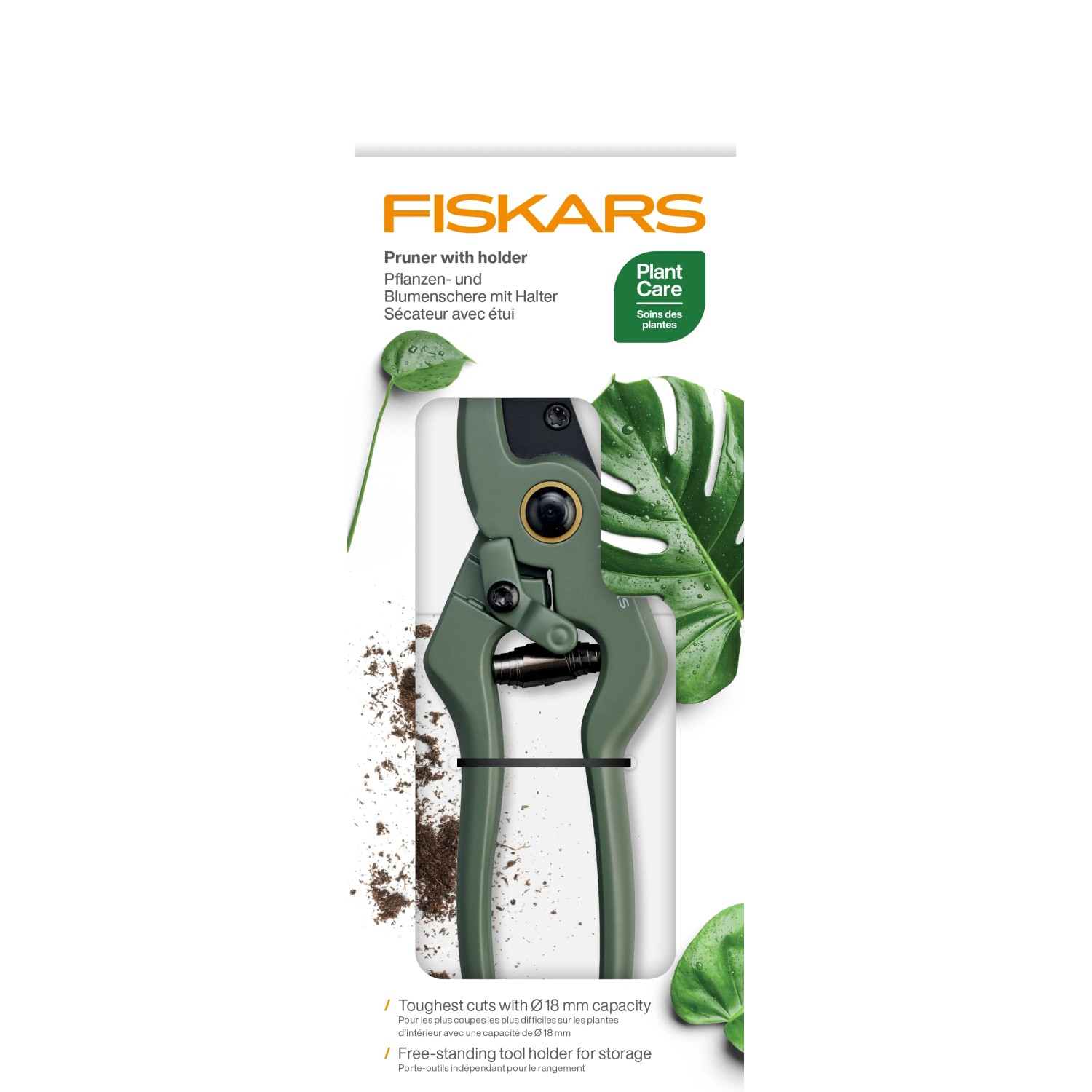 Cesoie da giardino Fiskars verdi con supporto per tagli netti fino a 18 mm di diametro.