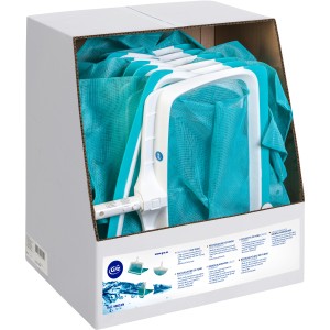 Gre retino di fondo formato grande nella scatola, retino per piscina con rete blu e telaio bianco.