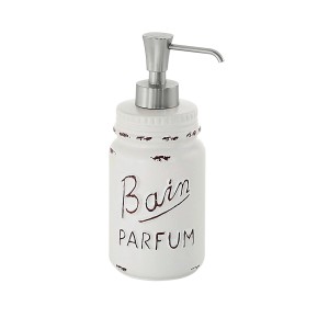 Dispenser sapone bianco in stile vintage con scritta "Bain Parfum".