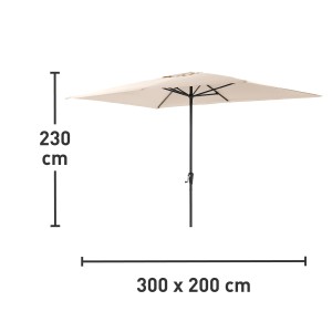 Ombrellone rettangolare Honolulu beige 200x300 cm con manovella e dimensioni.