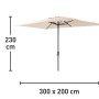 Ombrellone rettangolare Honolulu beige 200x300 cm con manovella e dimensioni.