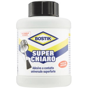 Adesivo a contatto Bostik Super Chiaro con pennello, ideale per diverse applicazioni di incollaggio.