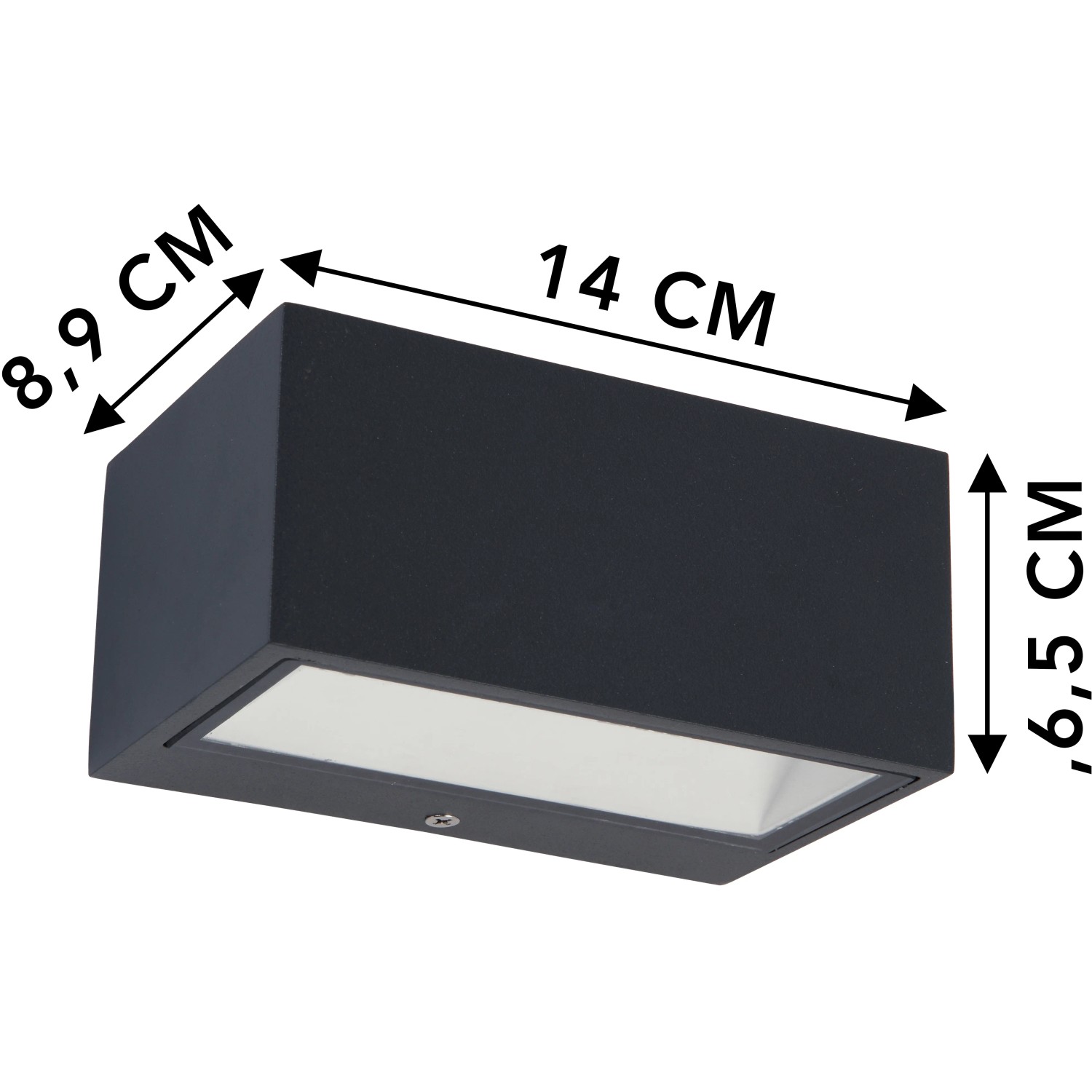 Moderna lampada da parete per esterni Lutec Gemini LED in antracite, rettangolare, con dimensioni.