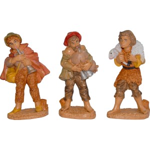 Set di figure per presepe: pastori con strumenti e pecora.