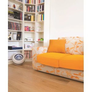 Cuscino arancione su divano con motivo floreale. Cuscini decorativi per soggiorno.