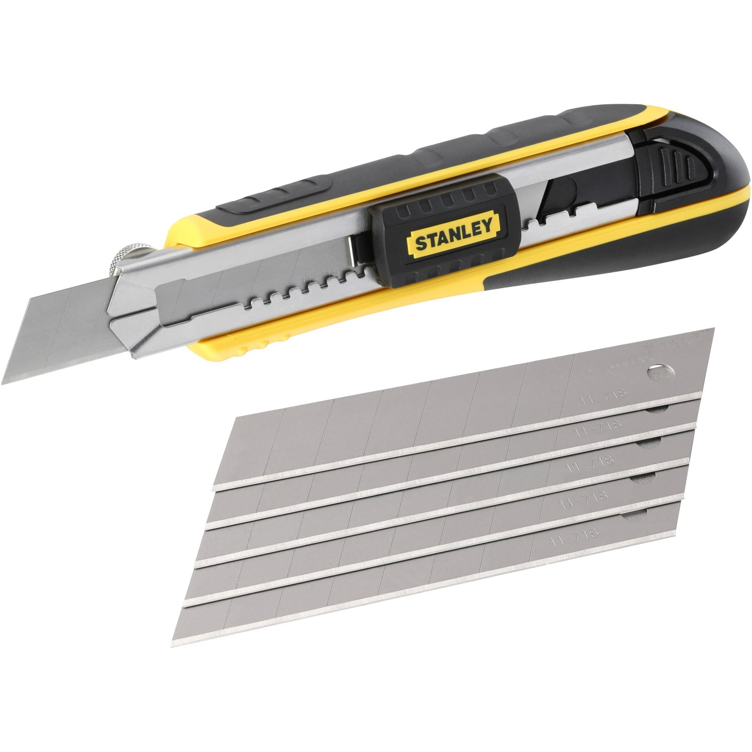 Cutter Stanley FatMax 18mm, nero-giallo, con lame a segmenti. Coltello per tagli precisi.