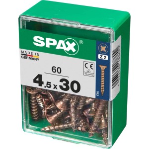 Viti per legno SPAX 4,5 x 30 mm, 60 pezzi in contenitore di plastica verde.