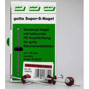 Super chiodi rossi, 50 pezzi, zincati, 2,8x70mm, con guarnizione rossa in PE per il fissaggio di lastre bituminose ondulate.