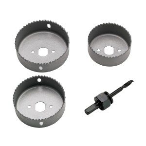 Set di seghe a tazza LUX, 4 pezzi, con 3 seghe a tazza e albero di montaggio con punta di centraggio.