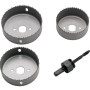 Set di seghe a tazza LUX, 4 pezzi, con 3 seghe a tazza e albero di montaggio con punta di centraggio.