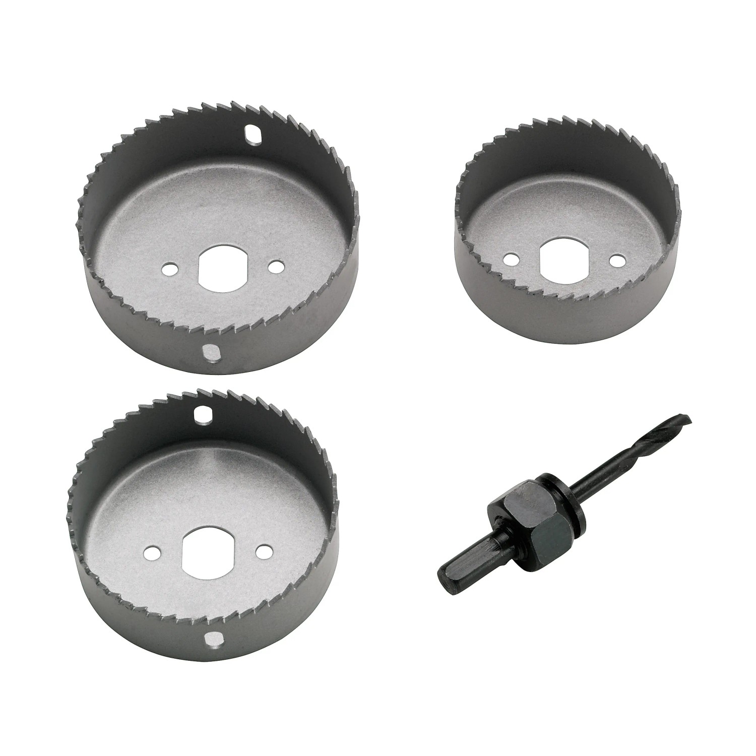 Set di seghe a tazza LUX, 4 pezzi, con 3 seghe a tazza e albero di montaggio con punta di centraggio.