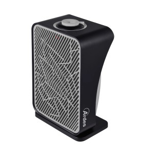 Termoventilatore elettrico Ardes nero compatto con griglia grigia e controllo rotativo.