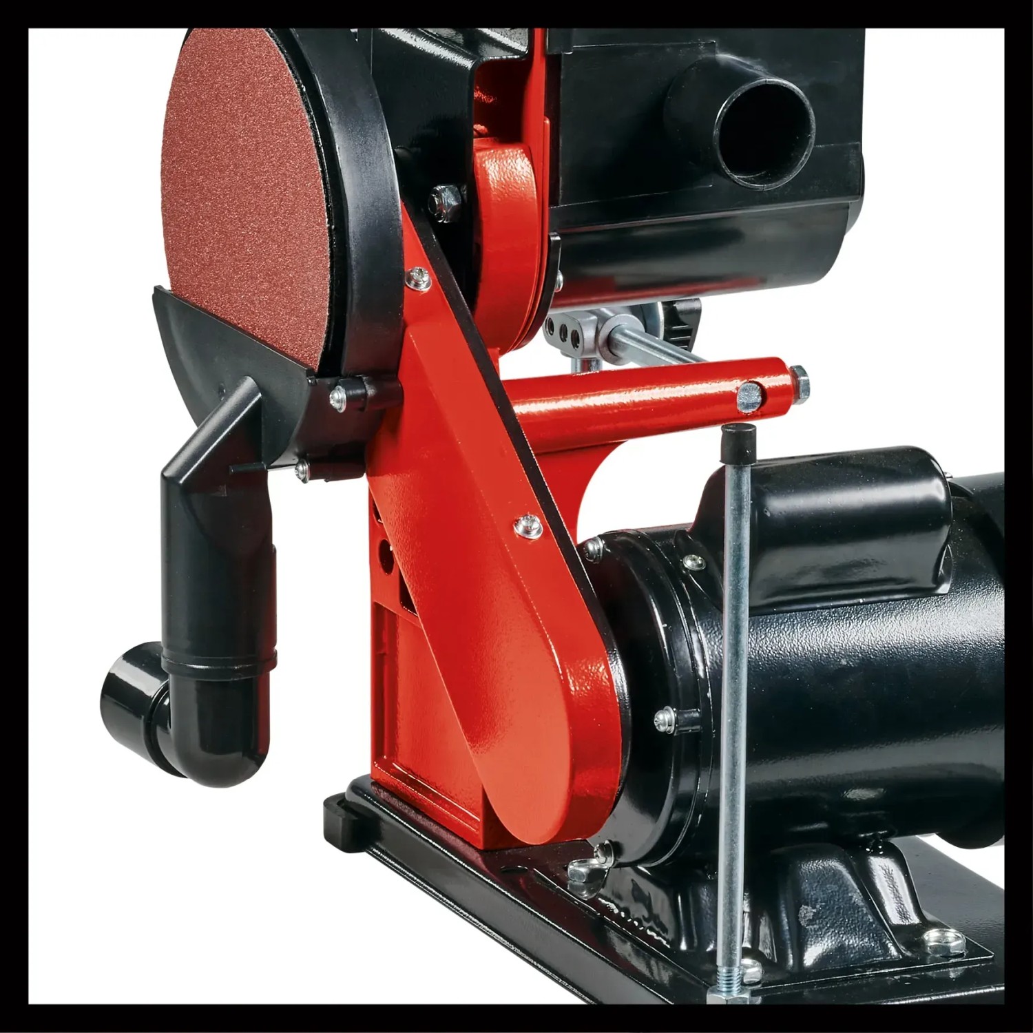 Levigatrice a nastro e disco Einhell TC-US 380, rosso/nero, con nastro e disco abrasivo.