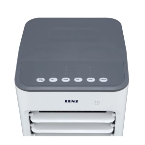 Ventilatore t.b.t. bianco con parte superiore grigia e pannello di controllo.