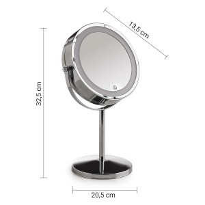 Specchio da trucco rotondo cromato con illuminazione a LED e supporto.