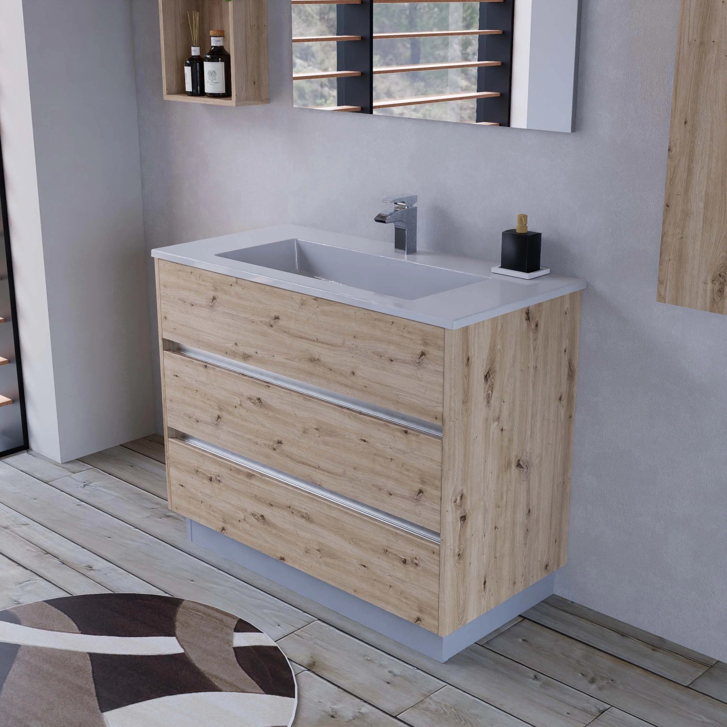 t.b.t. Mobile bagno in legno con tre cassetti per il bagno.