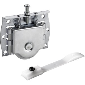 Kit di montaggio Hettich per SlideLine 16: carrello, guida, fermaporta e materiale di fissaggio in acciaio zincato.