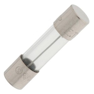 Fusibile t.b.t., tubo di vetro con elementi metallici.