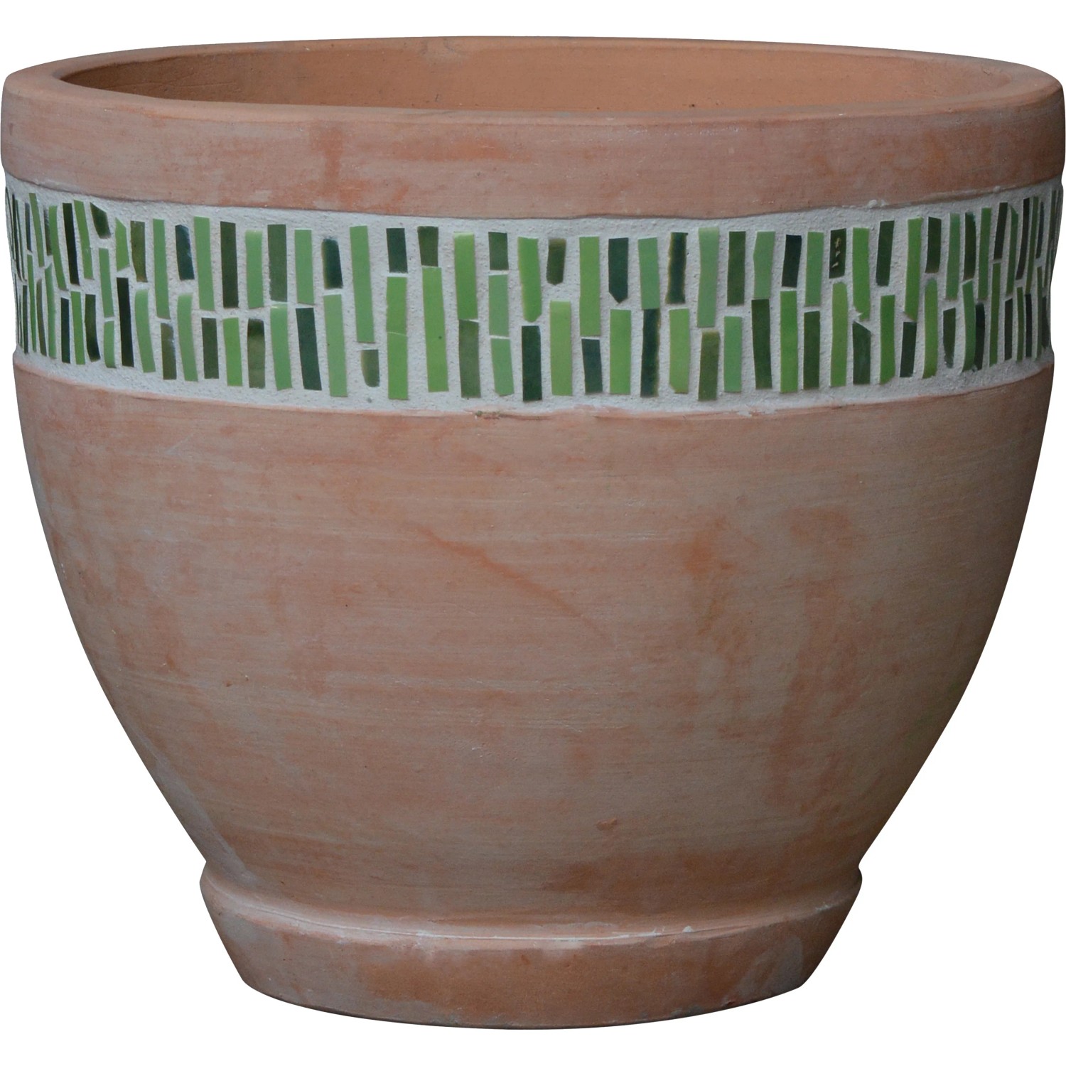 Vaso rotondo in terracotta con decoro a mosaico verde per casa e giardino.
