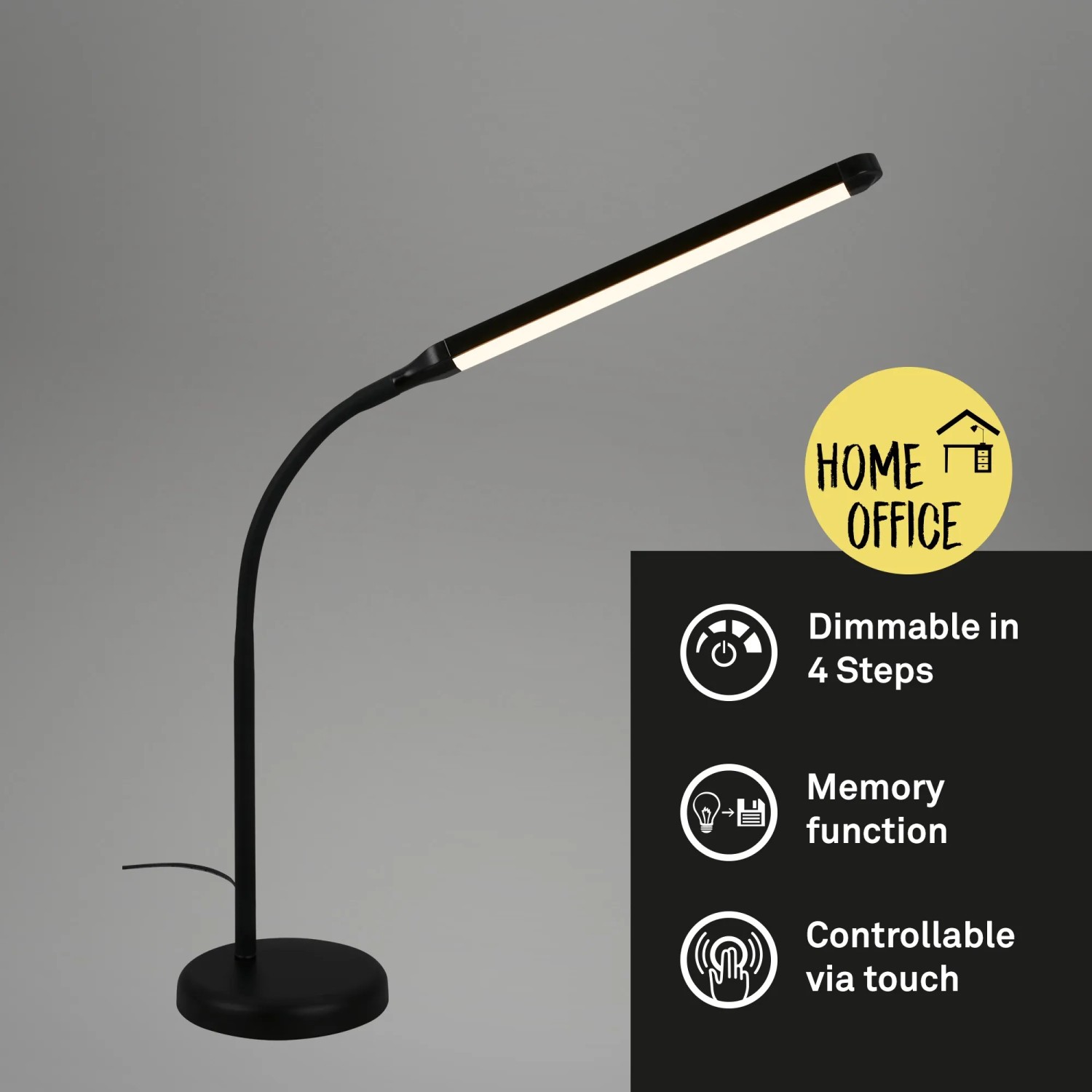 Lampada da scrivania a LED nera Brilo Pivaz con dimmer touch e luce bianca calda.
