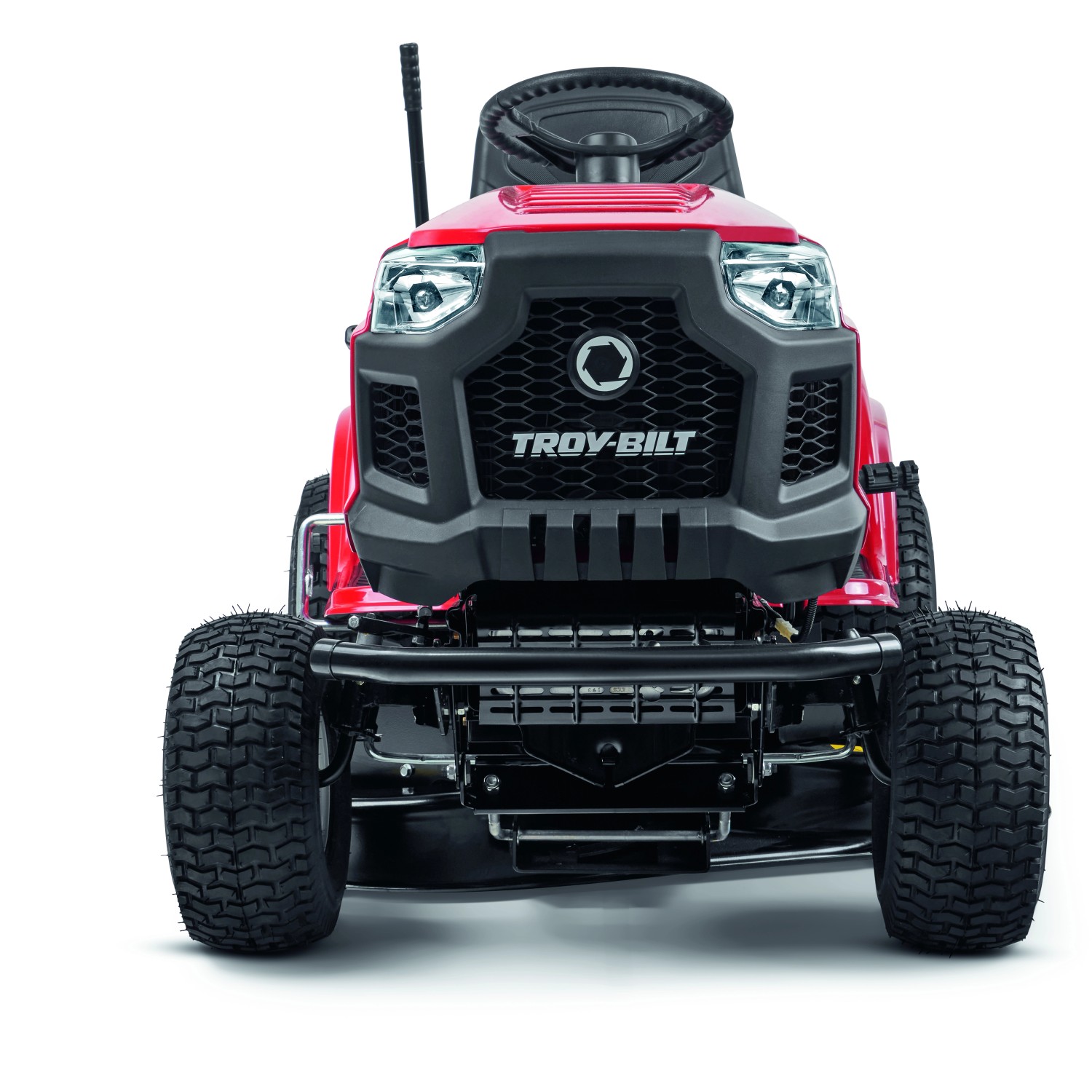Trattorino tagliaerba rosso Troy-Bilt Horse 105T-R, vista frontale.