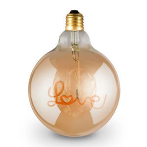 Lampadina LED E27 decorativa con scritta "Love" in arancione. Luce calda per ambienti domestici.