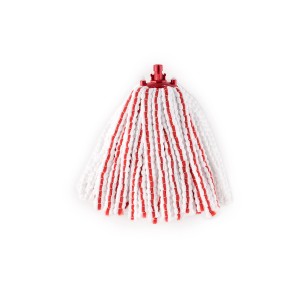 Testa di ricambio per mocio con strisce di cotone bianche e rosse per la pulizia.