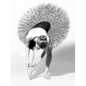 Foto in bianco e nero di una ballerina con tutù che allaccia le sue scarpe da punta.