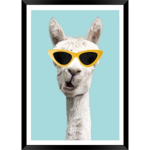 Quadri: Alpaca con occhiali da sole gialli su sfondo blu, incorniciato.
