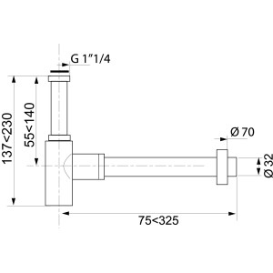Disegno tecnico di un sifone per lavabo con dimensioni.