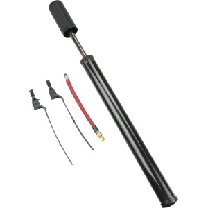 Pompa per bicicletta con accessori per riparazione e ricambi.