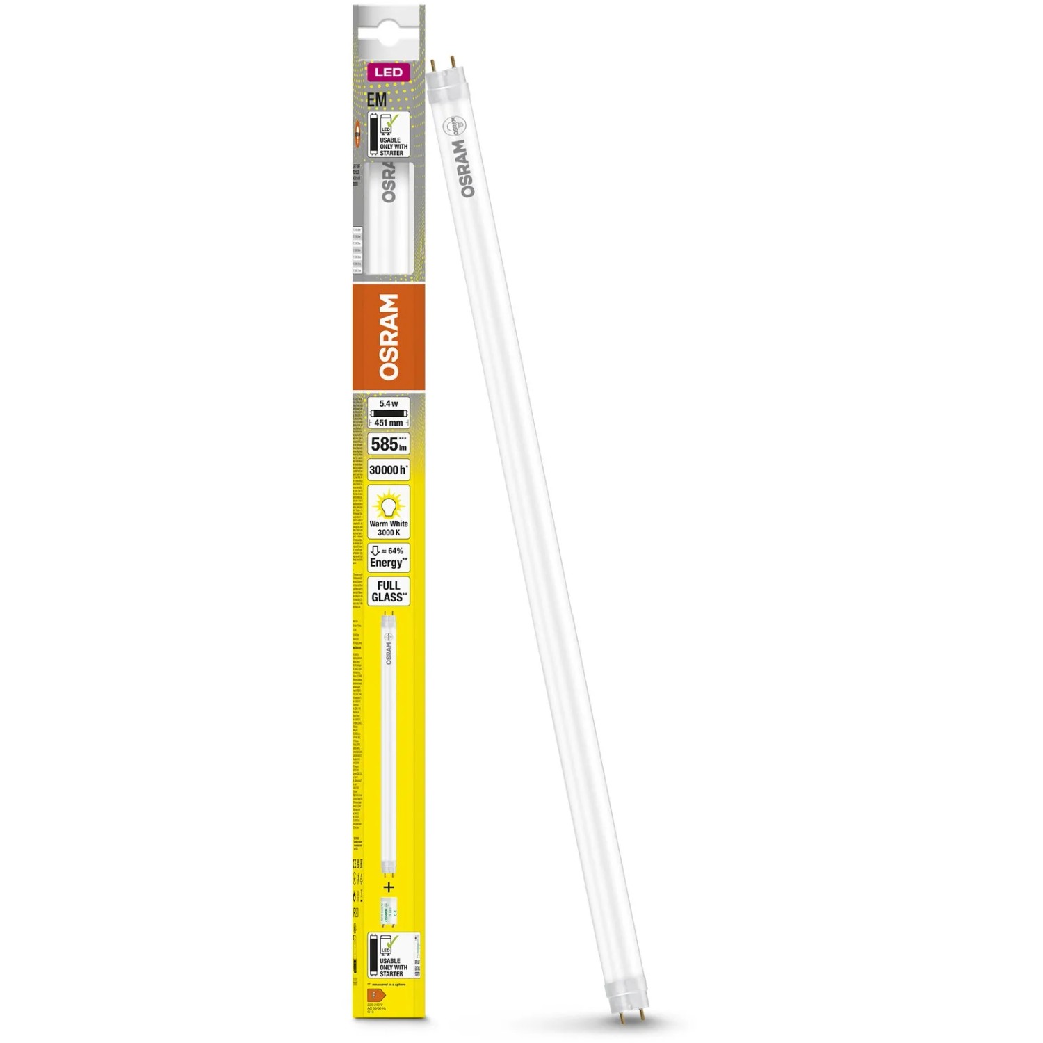 Lampada fluorescente a LED Osram, 5,4W, bianco caldo, attacco G13. Tubo LED con lunghezza di 45,1 cm.