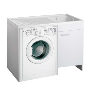 Mobile lavatoio bianco con lavatrice integrata.