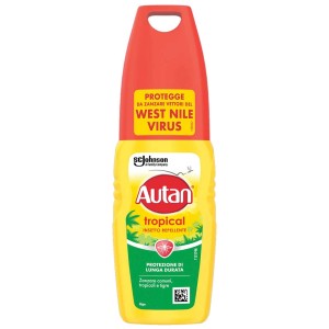Autan Tropical spray antizanzare, flacone giallo con tappo rosso, repellente per insetti