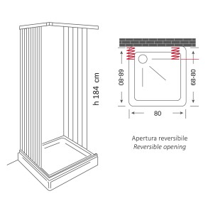 Disegno tecnico di un box doccia t.b.t. con dimensioni e apertura reversibile.