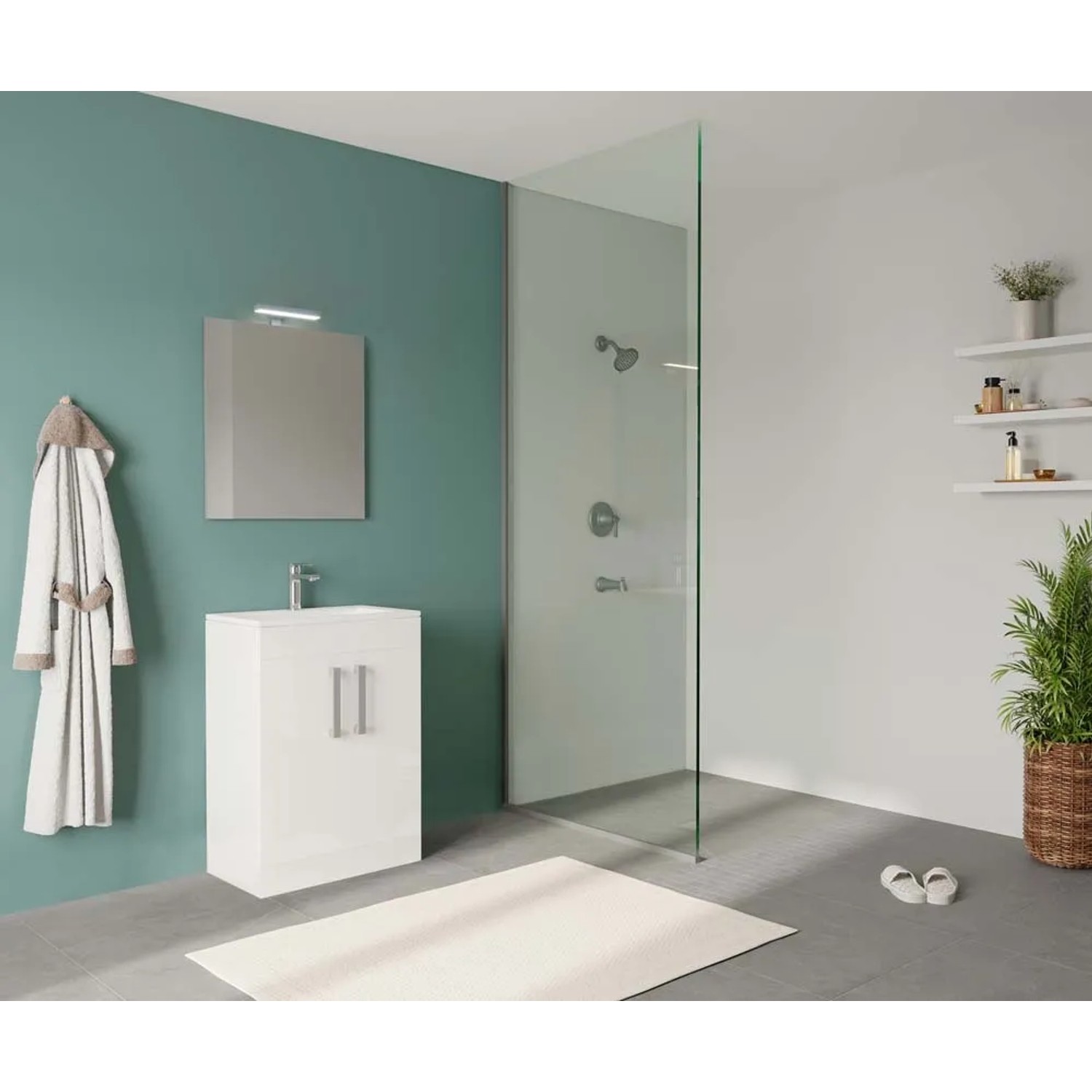 Mobile bagno bianco in bagno moderno con doccia e specchio.
