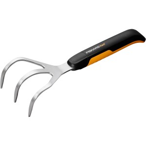 Rastrello per fiori Fiskars Xact con tre denti, nero-arancio, per giardinaggio.